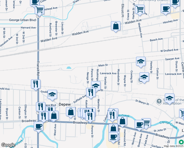 map of restaurants, bars, coffee shops, grocery stores, and more near 548 Penora Street in Depew