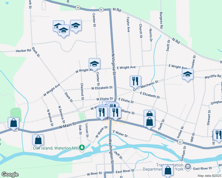 map of restaurants, bars, coffee shops, grocery stores, and more near 3 West Elizabeth Street in Waterloo