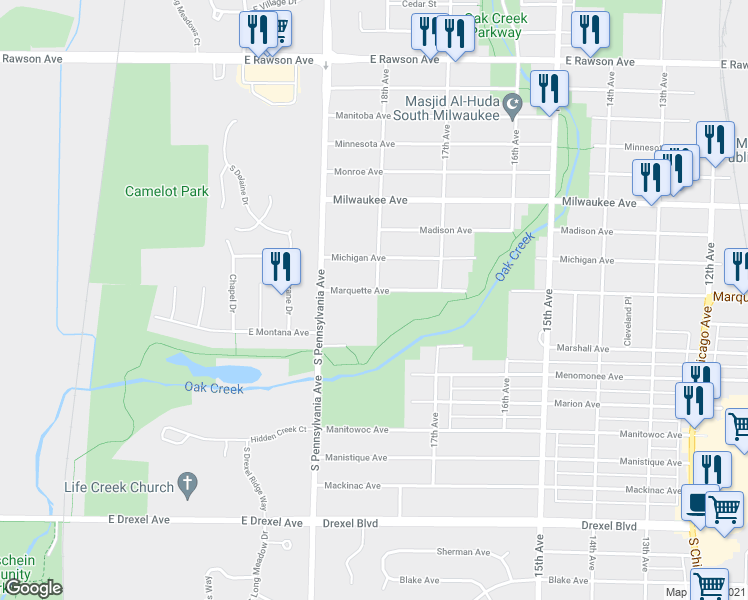 map of restaurants, bars, coffee shops, grocery stores, and more near 1801 Marquette Avenue in South Milwaukee