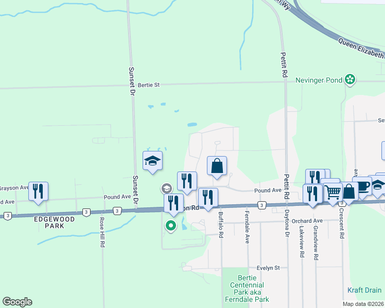 map of restaurants, bars, coffee shops, grocery stores, and more near 1141 Green Acres Drive in Fort Erie
