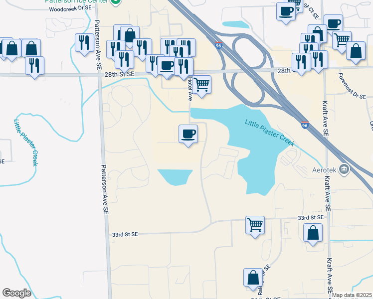 map of restaurants, bars, coffee shops, grocery stores, and more near 5120 28th Street Southeast in Grand Rapids