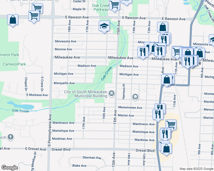 map of restaurants, bars, coffee shops, grocery stores, and more near 1521 Marquette Avenue in South Milwaukee