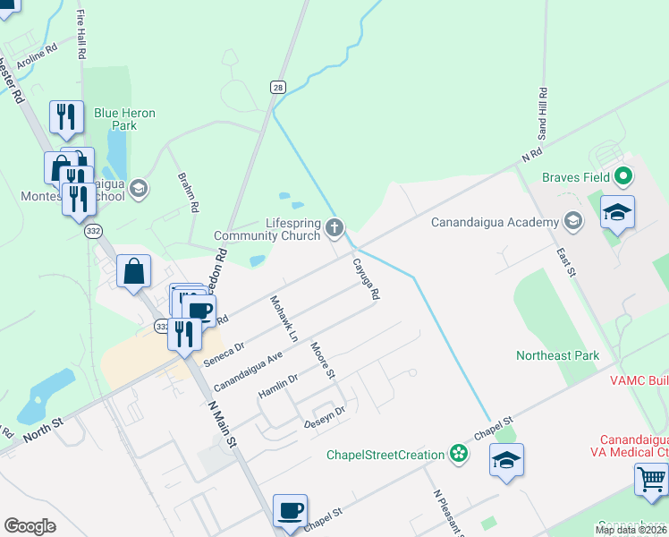 map of restaurants, bars, coffee shops, grocery stores, and more near 118 Seneca Drive in Canandaigua