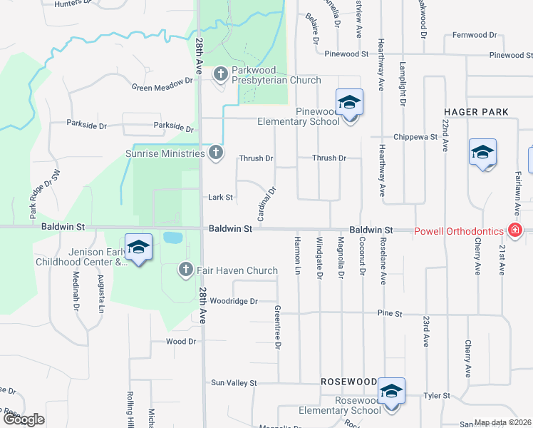 map of restaurants, bars, coffee shops, grocery stores, and more near 2651 Baldwin Street in Georgetown Township