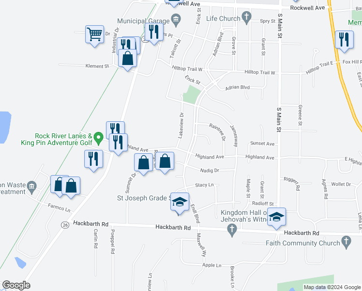 map of restaurants, bars, coffee shops, grocery stores, and more near 1449 Lakeview Drive in Fort Atkinson