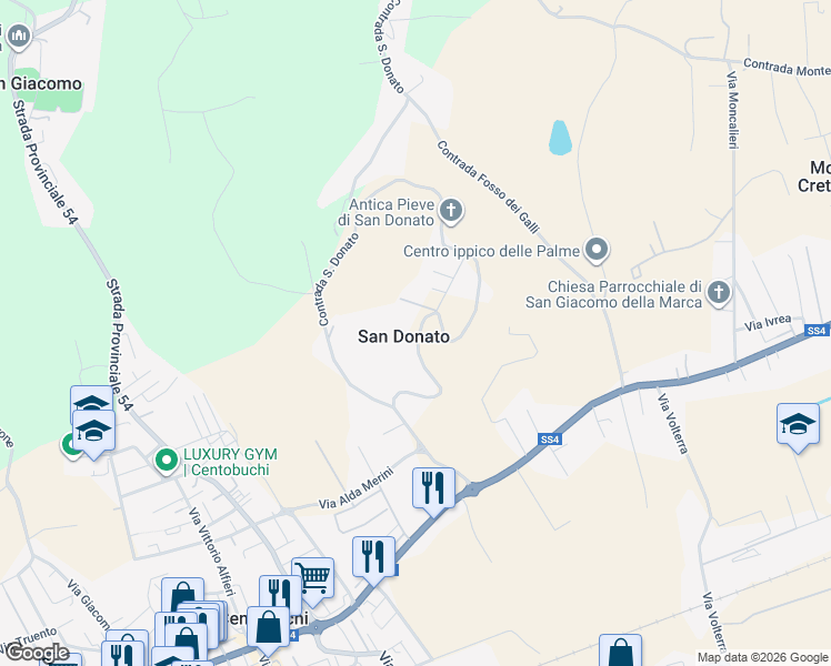 map of restaurants, bars, coffee shops, grocery stores, and more near 59 Contrada San Donato in San Donato