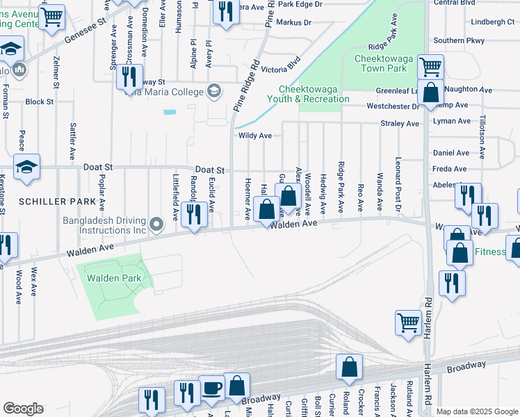 map of restaurants, bars, coffee shops, grocery stores, and more near 17 Hoerner Avenue in Buffalo
