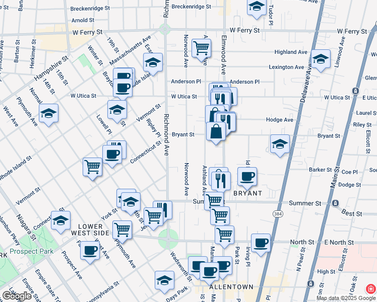 map of restaurants, bars, coffee shops, grocery stores, and more near 96 Norwood Avenue in Buffalo