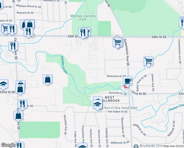 map of restaurants, bars, coffee shops, grocery stores, and more near 3052 Bonita Drive Southeast in Grand Rapids