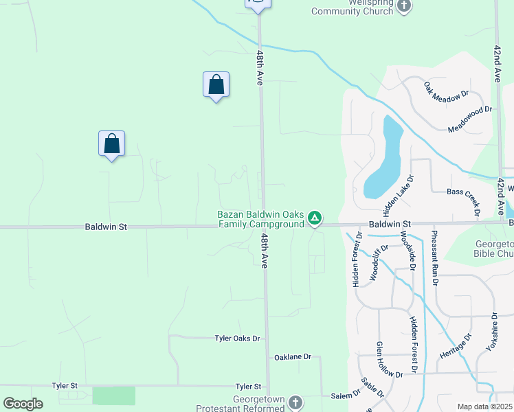 map of restaurants, bars, coffee shops, grocery stores, and more near 4763 Baldwin Street in Hudsonville