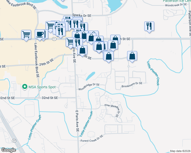 map of restaurants, bars, coffee shops, grocery stores, and more near 3027 Poplar Creek Drive Southeast in Kentwood