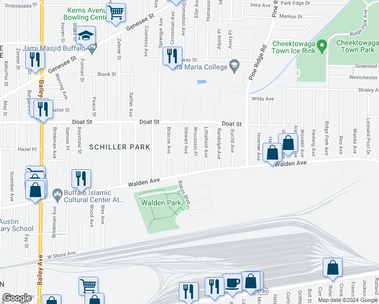 map of restaurants, bars, coffee shops, grocery stores, and more near 45 Stewart Avenue in Buffalo