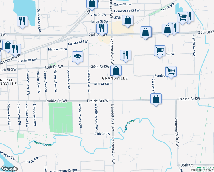 map of restaurants, bars, coffee shops, grocery stores, and more near 3135 Ivanrest Avenue Southwest in Grandville