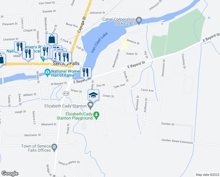 map of restaurants, bars, coffee shops, grocery stores, and more near Tyler Avenue & Canoga Street in Seneca Falls