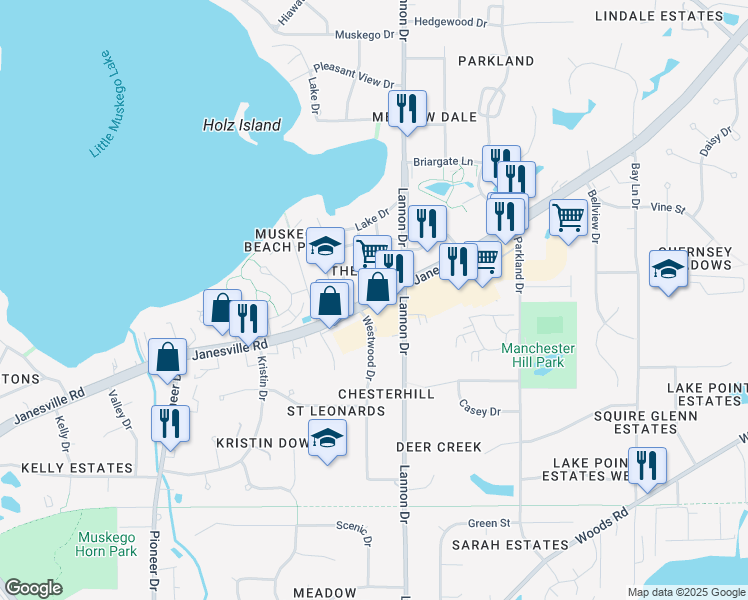 map of restaurants, bars, coffee shops, grocery stores, and more near Janesville Road in Muskego