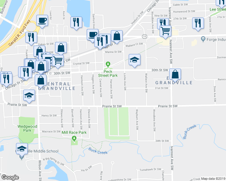 map of restaurants, bars, coffee shops, grocery stores, and more near 3110 Harvest Avenue Southwest in Grandville