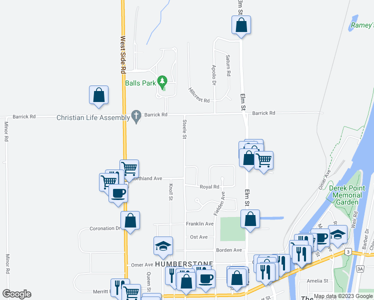 map of restaurants, bars, coffee shops, grocery stores, and more near 1029 Steele Street in Port Colborne