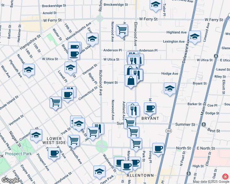 map of restaurants, bars, coffee shops, grocery stores, and more near 115 Norwood Avenue in Buffalo