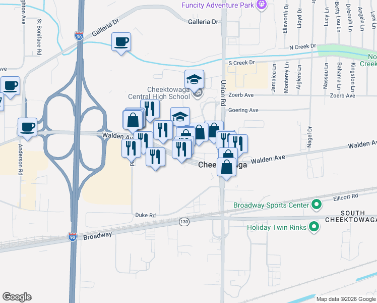 map of restaurants, bars, coffee shops, grocery stores, and more near 2130 Walden Avenue in Buffalo