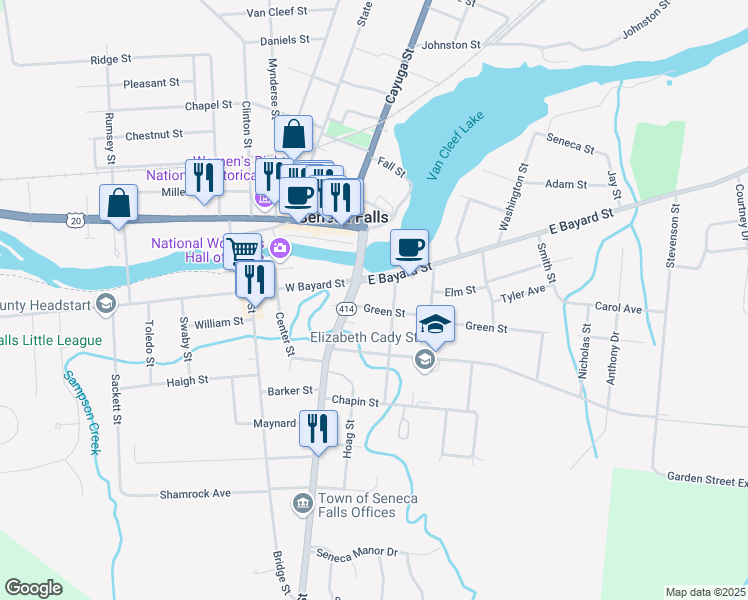 map of restaurants, bars, coffee shops, grocery stores, and more near 20 Green Street in Seneca Falls