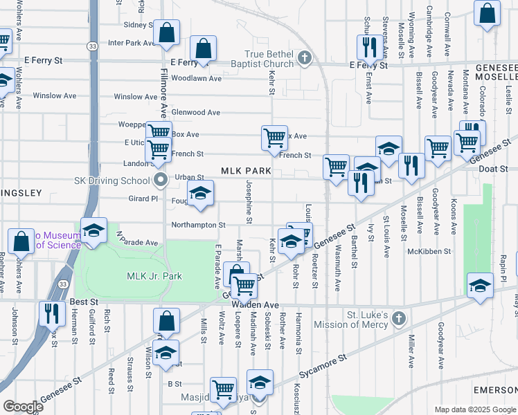 map of restaurants, bars, coffee shops, grocery stores, and more near 924 Northampton Street in Buffalo
