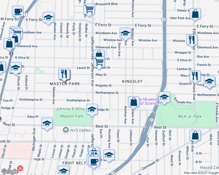 map of restaurants, bars, coffee shops, grocery stores, and more near 398 Northampton Street in Buffalo