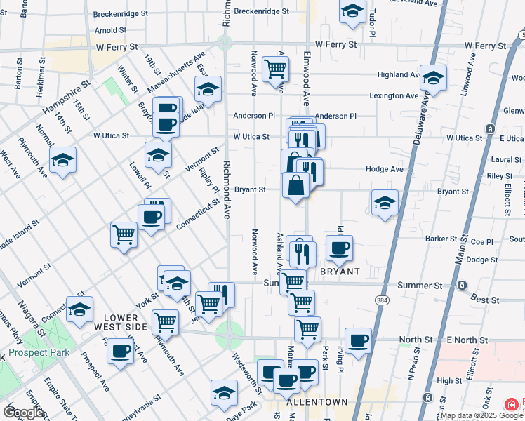 map of restaurants, bars, coffee shops, grocery stores, and more near 96 Norwood Avenue in Buffalo