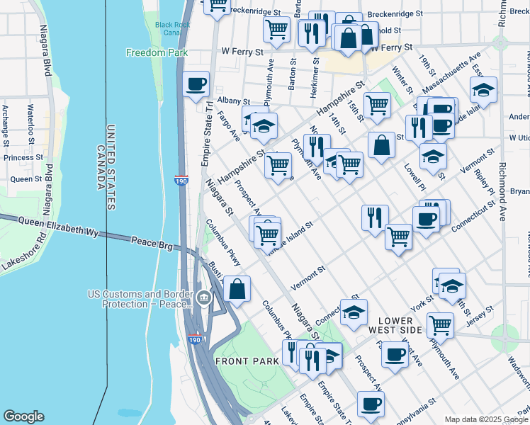 map of restaurants, bars, coffee shops, grocery stores, and more near 794 Prospect Avenue in Buffalo