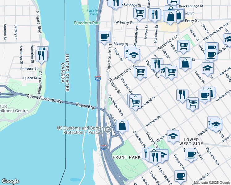 map of restaurants, bars, coffee shops, grocery stores, and more near 52 Massachusetts Avenue in Buffalo