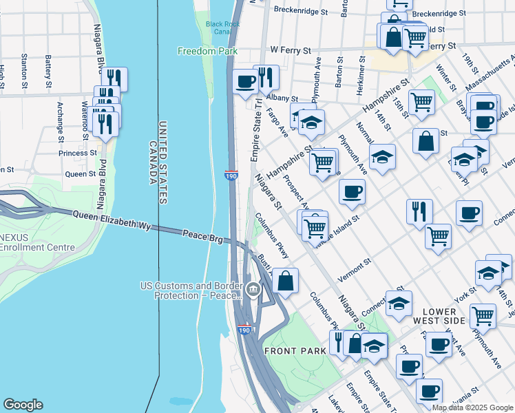 map of restaurants, bars, coffee shops, grocery stores, and more near 907 Columbus Parkway in Buffalo