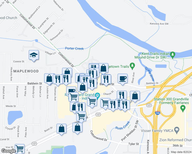 map of restaurants, bars, coffee shops, grocery stores, and more near 381 Baldwin Street in Georgetown Township