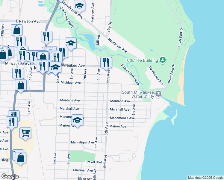 map of restaurants, bars, coffee shops, grocery stores, and more near 411 Marquette Avenue in South Milwaukee