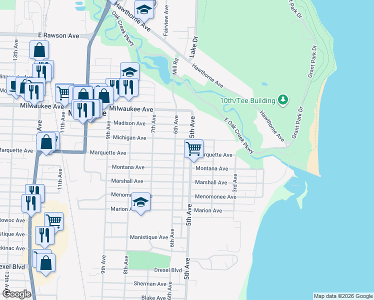 map of restaurants, bars, coffee shops, grocery stores, and more near 2402 5th Avenue in South Milwaukee