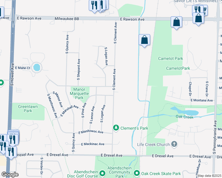 map of restaurants, bars, coffee shops, grocery stores, and more near 1116 East Montana Avenue in Oak Creek