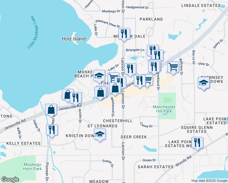 map of restaurants, bars, coffee shops, grocery stores, and more near S75W17363 Janesville Road in Muskego