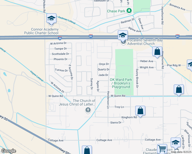 map of restaurants, bars, coffee shops, grocery stores, and more near 1647 Jade Drive in Pocatello