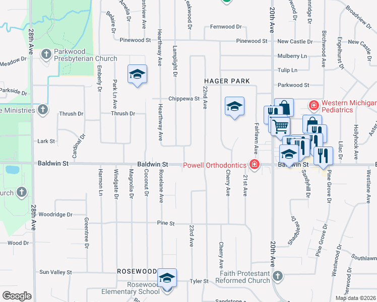 map of restaurants, bars, coffee shops, grocery stores, and more near 2311 Baldwin Street in Georgetown Township