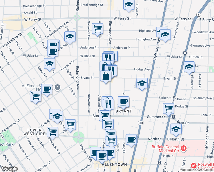 map of restaurants, bars, coffee shops, grocery stores, and more near 400 Elmwood Avenue in Buffalo