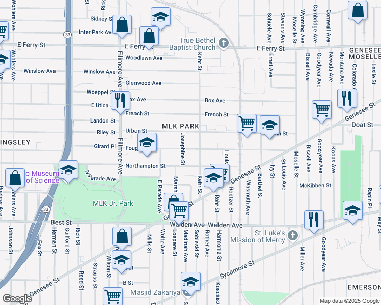 map of restaurants, bars, coffee shops, grocery stores, and more near 924 Northampton Street in Buffalo