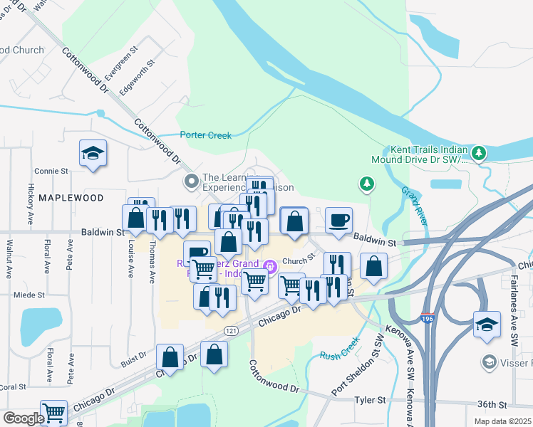 map of restaurants, bars, coffee shops, grocery stores, and more near 381 Baldwin Street in Georgetown Township