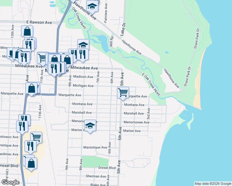 map of restaurants, bars, coffee shops, grocery stores, and more near 2402 5th Avenue in South Milwaukee