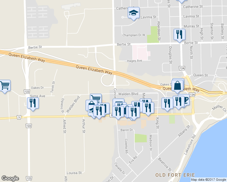 map of restaurants, bars, coffee shops, grocery stores, and more near 350 Walden Boulevard in Fort Erie