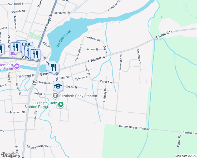 map of restaurants, bars, coffee shops, grocery stores, and more near 16 Carol Avenue in Seneca Falls