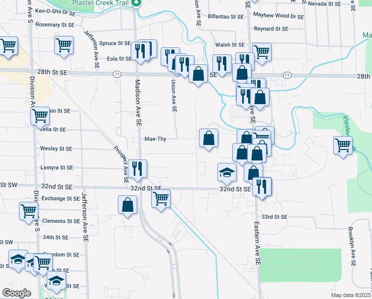 map of restaurants, bars, coffee shops, grocery stores, and more near 550 Van Allen Street Southeast in Grand Rapids
