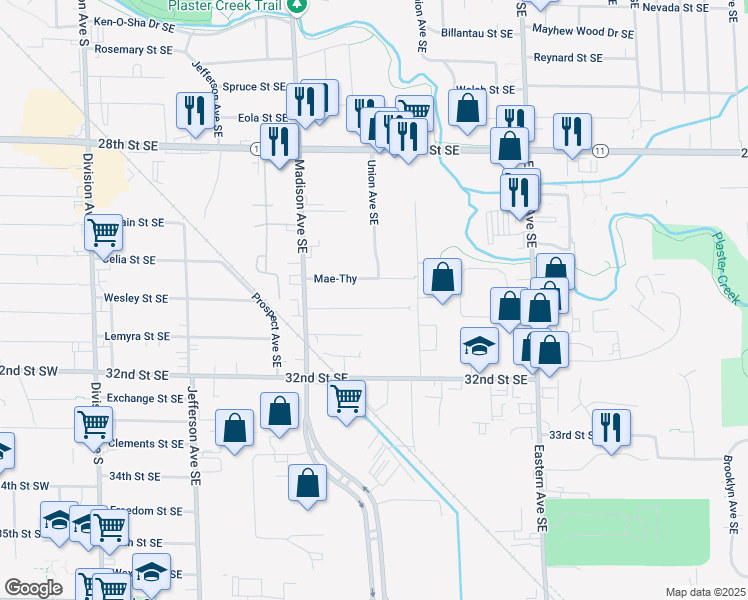 map of restaurants, bars, coffee shops, grocery stores, and more near 550 Van Allen Street Southeast in Grand Rapids