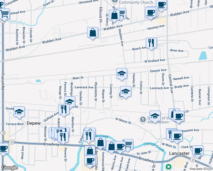 map of restaurants, bars, coffee shops, grocery stores, and more near 35 Cowing Street in Depew