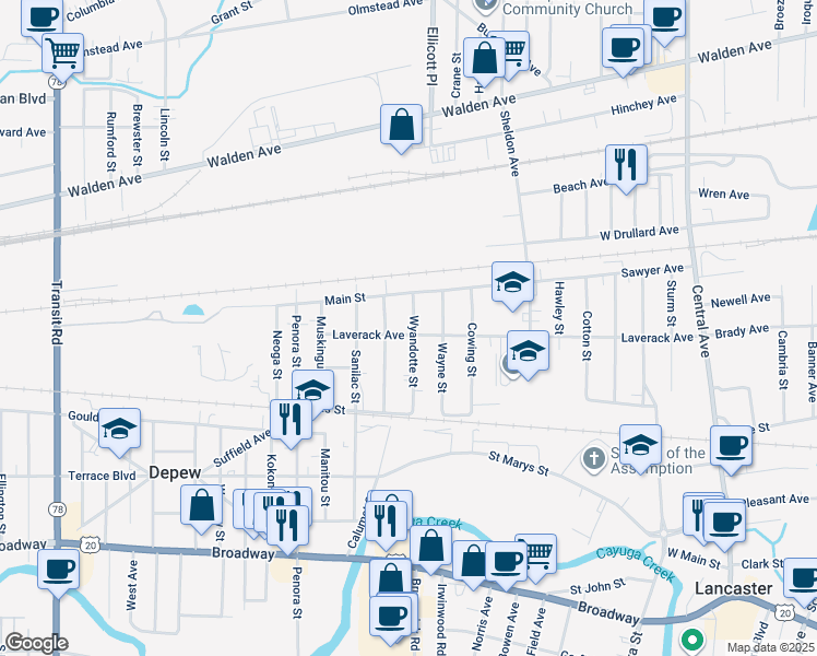 map of restaurants, bars, coffee shops, grocery stores, and more near 65 Wyandotte Street in Depew