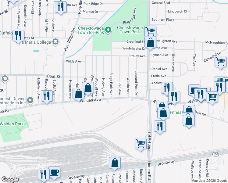 map of restaurants, bars, coffee shops, grocery stores, and more near 1274 Walden Avenue in Buffalo