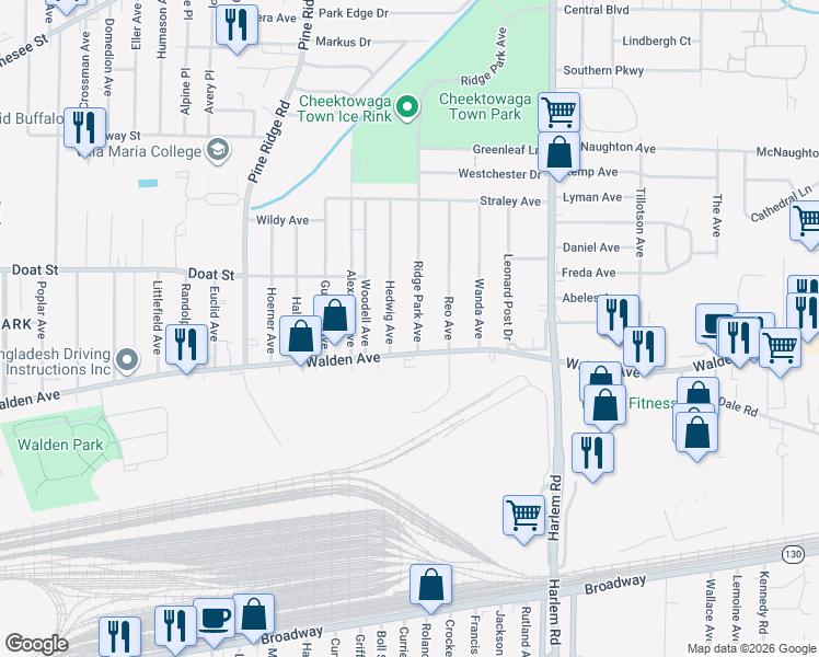 map of restaurants, bars, coffee shops, grocery stores, and more near 1228 Walden Avenue in Buffalo