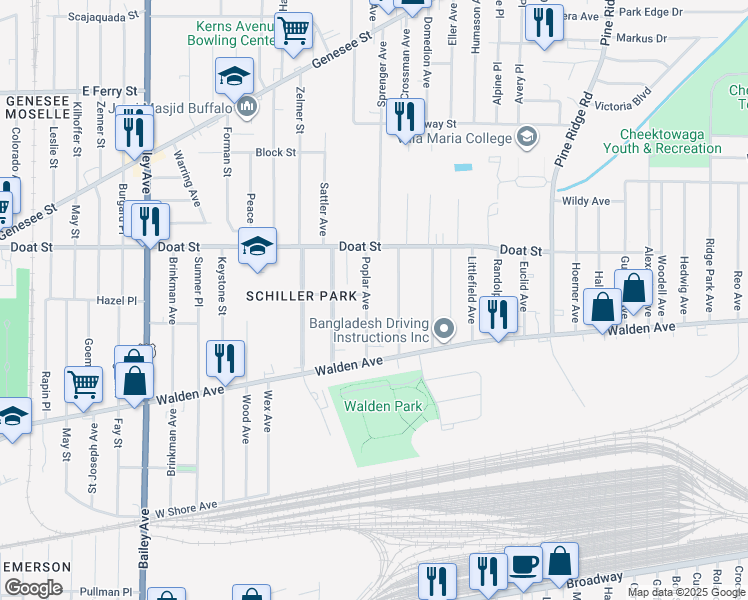 map of restaurants, bars, coffee shops, grocery stores, and more near 45 Poplar Avenue in Buffalo